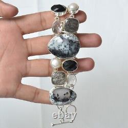 Gift For Her Natural Dendritic Opal Black Rutile Black Onyx Bracelet Silver 3989