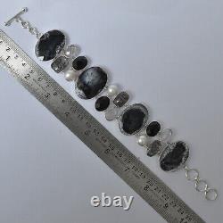 Gift For Her Silver Dendritic Opal Black Rutile Black Onyx Jewelry Bracelet 3971