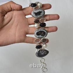 Gift For Her Silver Dendritic Opal Black Rutile Black Onyx Jewelry Bracelet 3972