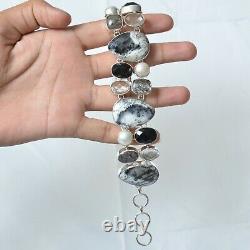 Gift For Her Silver Dendritic Opal Black Rutile Black Onyx Jewelry Bracelet 3979
