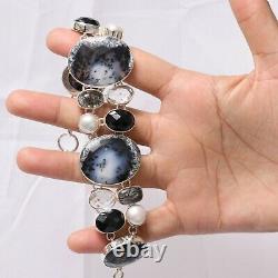 Gift For Her Silver Dendritic Opal Black Rutile Black Onyx White Bracelet 3914