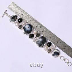 Gift For Her Silver Dendritic Opal Black Rutile Black Onyx White Bracelet 3914