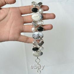 Gift For Her Silver Dendritic Opal Black Rutile Black Onyx White Bracelet 3994