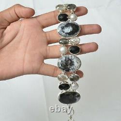 Gift For Her Silver Dendritic Opal Rutile Onyx Jewelry Black Bracelet 3980