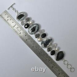 Gift For Her Silver Dendritic Opal Rutile Onyx Jewelry Black Bracelet 3986