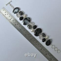 Gift For Her Silver Dendritic Opal Rutile Onyx Jewelry Black Bracelet 3995