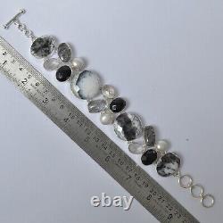 Gift For Her Silver Natural Dendritic Opal Black Rutile Black Onyx Bracelet 4010