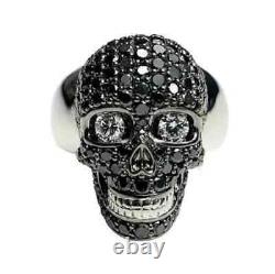 Halloween Gift 4 Ct Black White CZ Skull Ring 925 Silver 14K Black Gold Plated