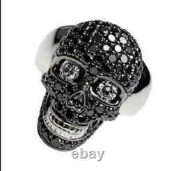 Halloween Gift 4 Ct Black White CZ Skull Ring 925 Silver 14K Black Gold Plated