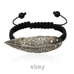 Halloween Gift Black Onyx Pave Diamond Feather Macrame Bracelet Silver Jewelry