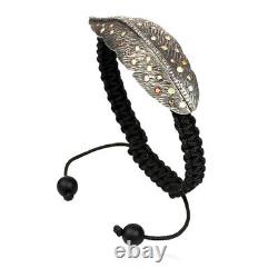 Halloween Gift Black Onyx Pave Diamond Feather Macrame Bracelet Silver Jewelry