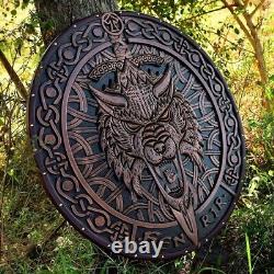 Handmade Medieval Viking Shield, Fenrir Wood Carved Viking Gifts, Christmas Gift