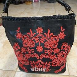 ISABELLA FIORE VICTORIA RED/BLACK EMBROIDERED LEATHER SHOPPER TOTE With GIFT