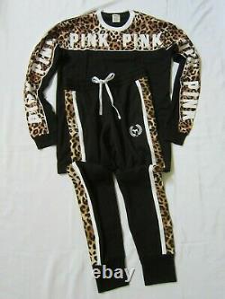 LOT Victoria Secret Pink Leopard Black CAMPUS TEE SHIRT SKINNY JOGGER PANT SET M