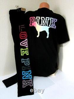 LOT Victoria Secret Pink NEON RAINBOW GRADIENT DOG TEE SHIRT LEGGING PANT XL SET