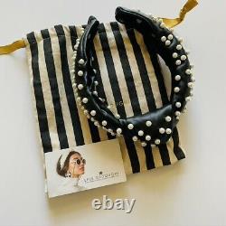 Lele Sadoughi Jet Black Faux Hand Knotted Leather Pearl Headband NWT Gift XMAS