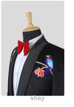 Men Black Velvet Embroidered Blazer Wedding Cocktail Prom Party Gift For Him