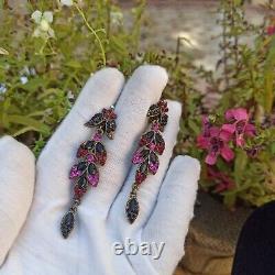 Michal Negrin Earrings Long Layered Leaves Magenta & Swarovski Crystals Gift Box