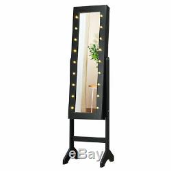 Mirrored Jewelry Cabinet Armoire Organizer with18 LED lights Black Christmas Gift