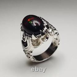 Natural Ethiopian Fire Black Opal Silver Ring Xmas Gift Opal Ethiopian Ring Mens