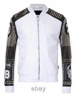 New Men Philipp Plein Studded Biker Leather Jacket, men leather jacket, gift him