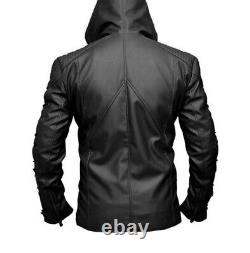 New Mens Designer Biker Black Hooded Leather Jacket, rider jacket gift for him
