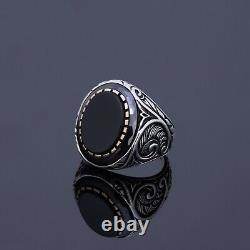 Oval Black Onyx Gemstone Men Engagement Ring Gift For Him Silver Antique Jewelry