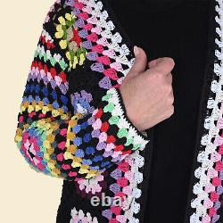 PASSAGE Black with Multi Color Square 100% Cotton Crochet Outerwear Cardigan -S