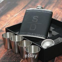 Personalised Black Hip Flask Set 4 cups 7oz Gift Box Dad, Grandad, Xmas