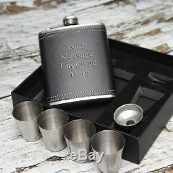 Personalised Black Hip Flask Set 4 cups 7oz Gift Box Dad, Grandad, Xmas