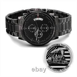Personalized American Railroad Metal Watch Gift. Laser Engraved Steamtrain Watch