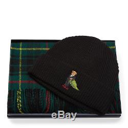 Ralph Lauren Polo Christmas Tree Bear Hat & Plaid Scarf Gift Set withBox New