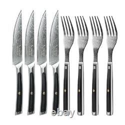 Steak Knife Forks Set Serrated Japanese Damascus Steel Meat Slicing Cutlery Gift
