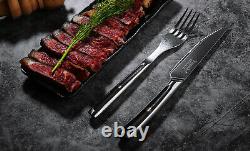 Steak Knife and Forks Set Serrated Japanese Damascus Steel Dinner Slicer Cutlery