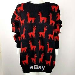 Sweater From Ecuador VTG Hand Made Black with Red Llamas Christmas Gift Xmas