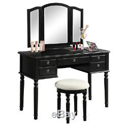 Tri-Fold Mirror Wooden Vanity Dressing Table Set 5 Drawers Christmas Gift Black