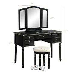 Tri-Fold Mirror Wooden Vanity Dressing Table Set 5 Drawers Christmas Gift Black