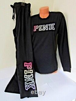 Victoria Secret Pink OMBRE RAINBOW BLACK TEE T SHIRT BOYFRIEND SWEAT PANT S SET