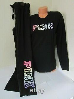 Victoria Secret Pink RAINBOW OMBRE CAMPUS TEE T SHIRT BOYFRIEND SWEAT PANT L SET