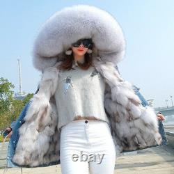Women Real Fox Fur Collar Hood Coat Fox Lining Denim Jacket Parka-Christmas Gift