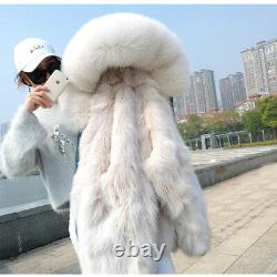Women Real Fox Fur Collar Hood Coat Fox Lining Denim Jacket Parka-Christmas Gift