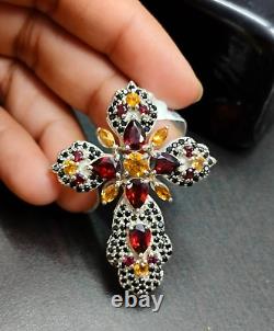 Xmas Gift CROSS Pendant 925 Silver Black Spinel Citrine Gemstone Garnet Jewelry
