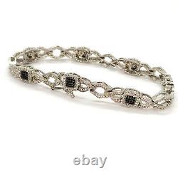 Xmas Gift Station Bracelet with Black & White Diamond in White Gold Plated Brass