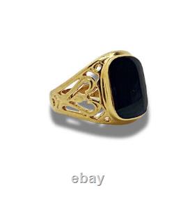 Yellow gold finish Mens Black Onyx Signet Ring free postage gift boxed